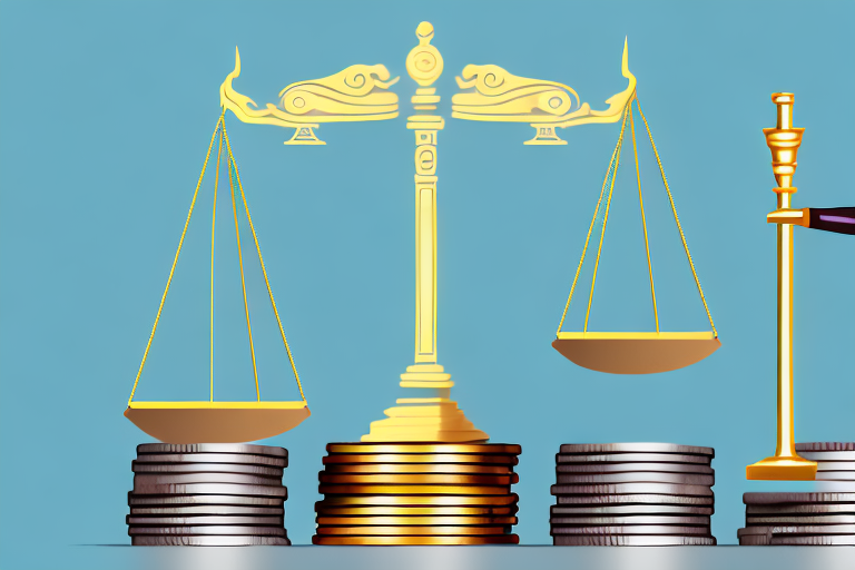 A balanced scale with stacks of coins on one side and a symbolic legal gavel on the other