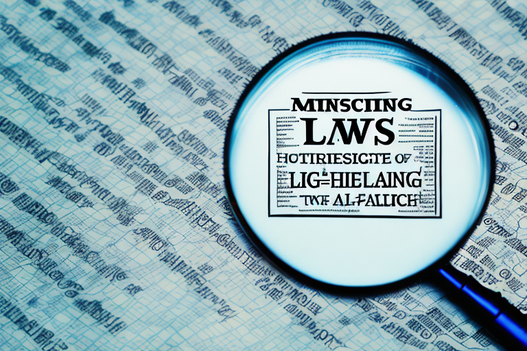 A magnifying glass hovering over a map with symbols of law scales and legal documents