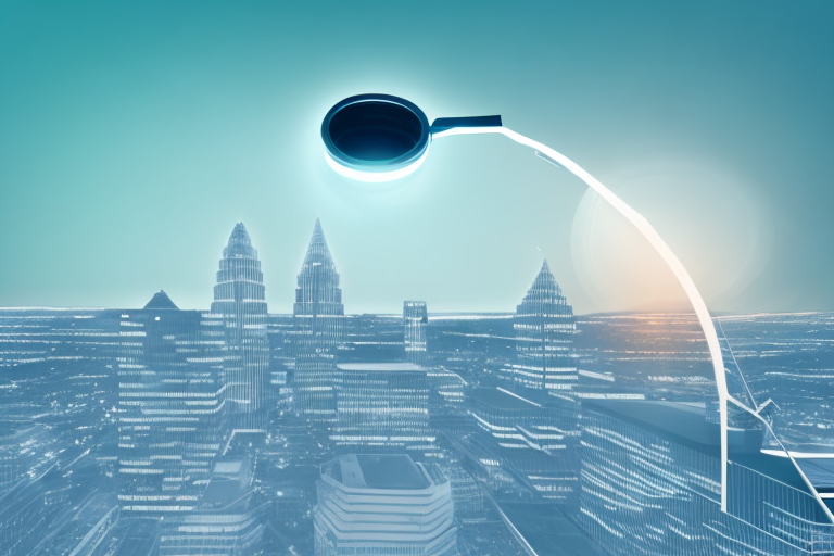 A magnifying glass hovering over a city skyline