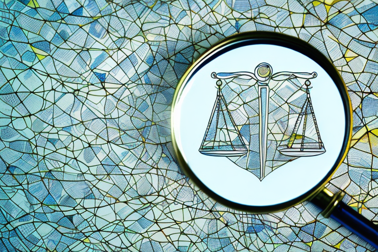 A magnifying glass hovering over a map marked with symbols of scales of justice