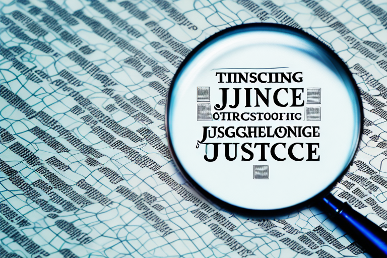 A magnifying glass hovering over a map dotted with symbols of justice scales and legal documents