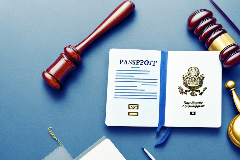 A balance scale with a passport on one side and a gavel on the other