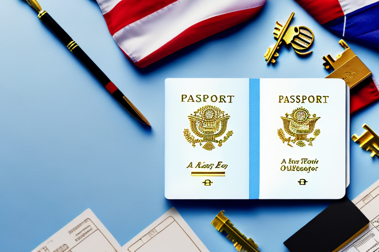 A balanced scale with a golden key on one side and a passport with an american flag design on the other