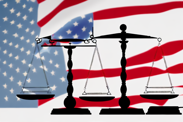 A balance scale with a us flag on one side and a gavel on the other side