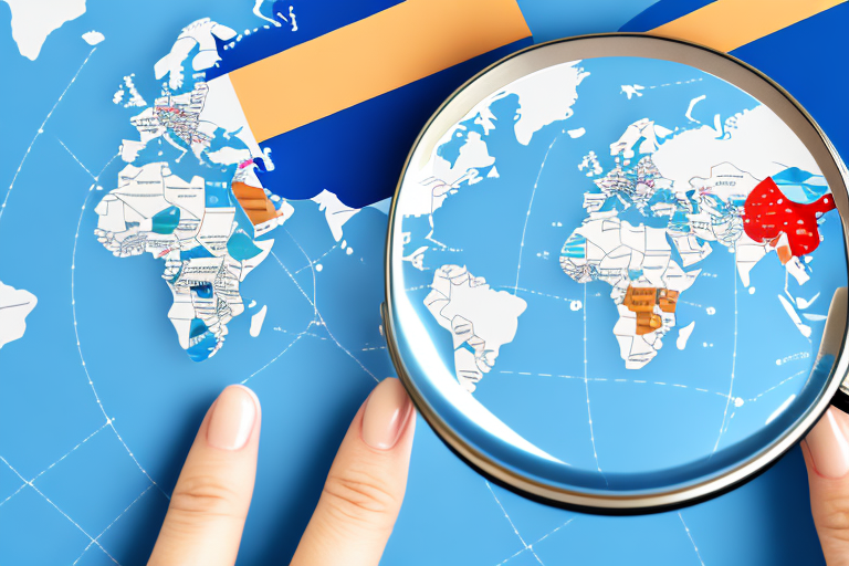 A magnifying glass hovering over a map marked with various international flags