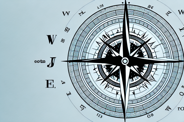 A compass pointing towards a symbol of justice scales