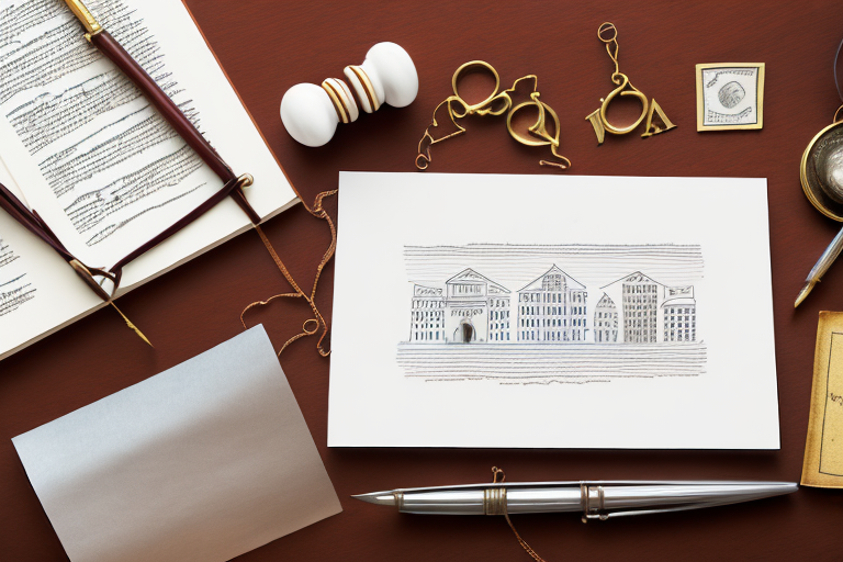 A traditional attorney's desk with a quill pen