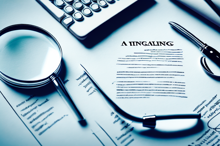 A magnifying glass focused on a document with a legal scale and a quill pen nearby