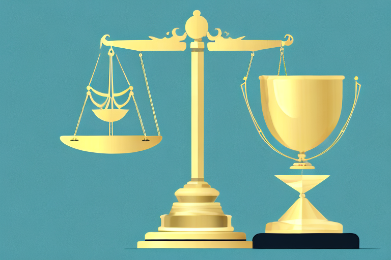 A balanced scale with a will document on one side and a golden trophy on the other