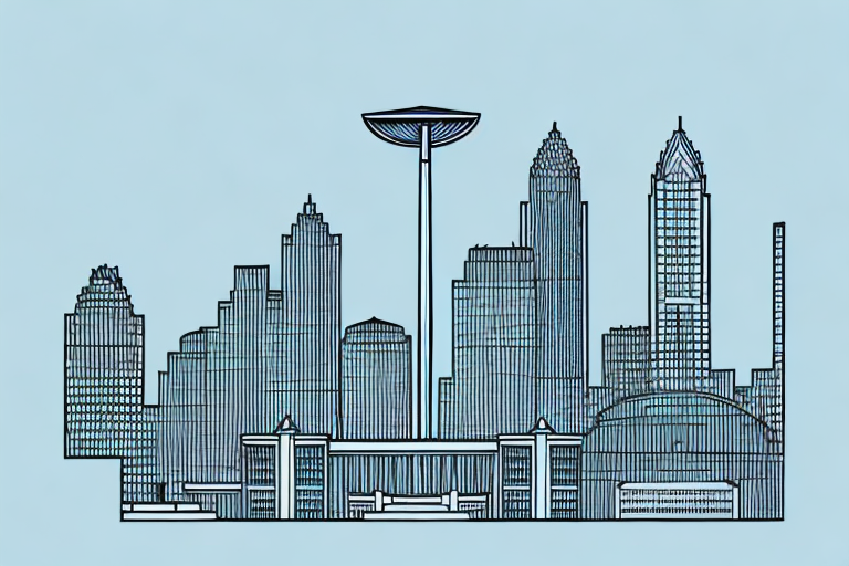 The atlanta skyline with a symbolic balance scale integrating into the architecture