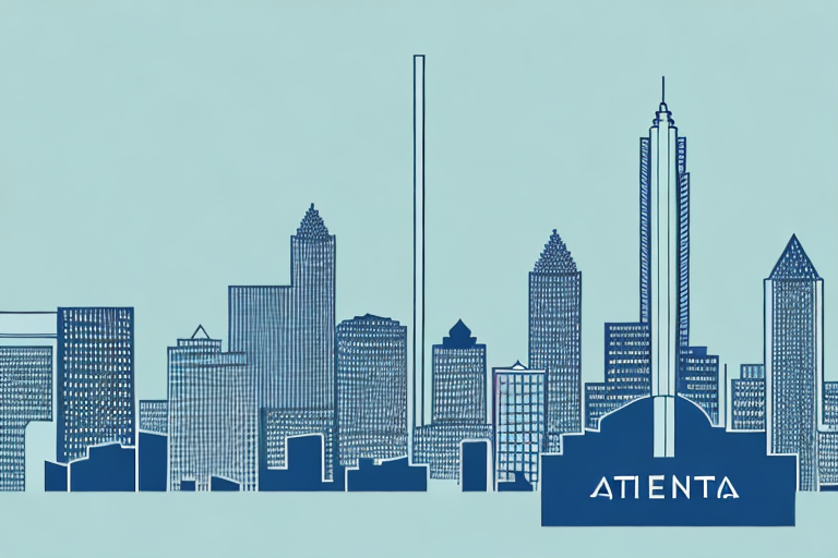 The atlanta skyline with a balanced scale symbolizing justice