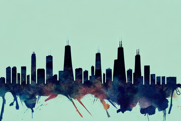 Chicago's iconic skyline with a balance scale superimposed on it