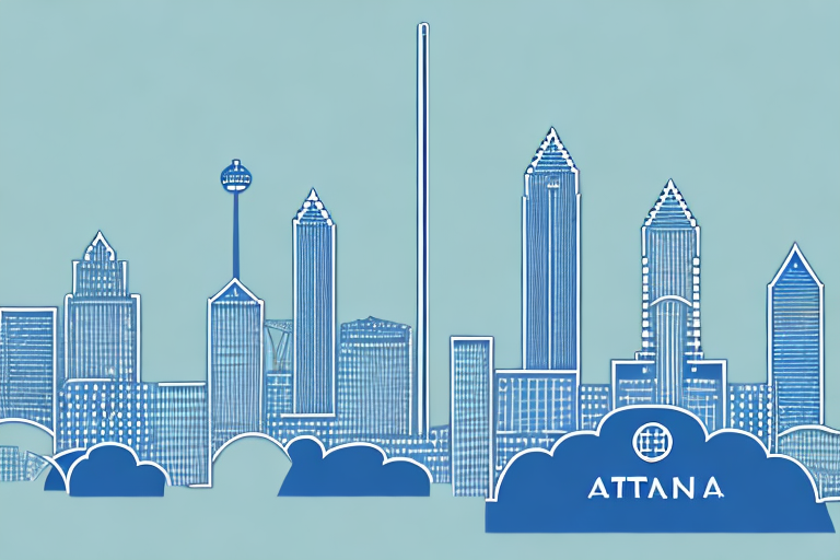 The atlanta skyline with a balance scale symbolizing justice prominently featured in the foreground