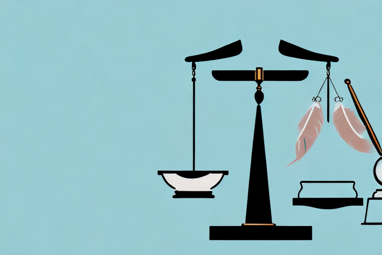 A symbolic balance scale with a feather on one side and a gavel on the other