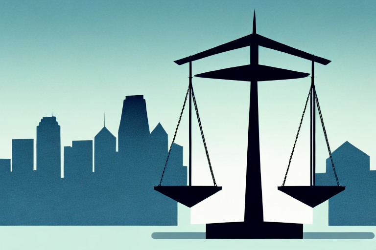 A balanced scale of justice with the san diego skyline in the background