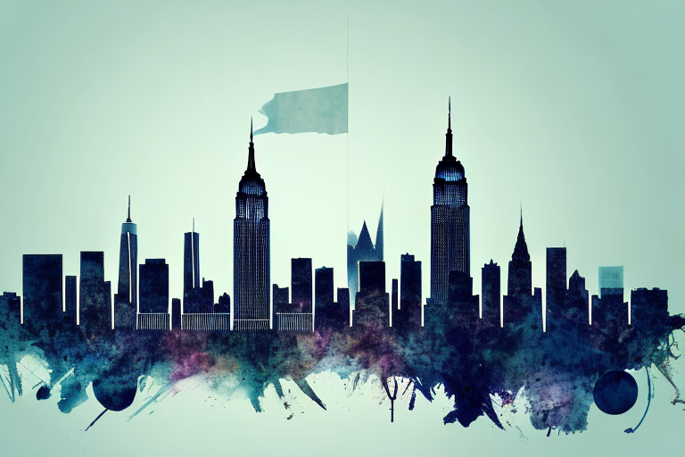 The new york skyline with a balanced scale symbolizing justice in the foreground