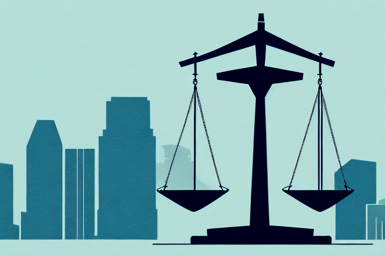 A balanced scale of justice overlooking the san diego skyline