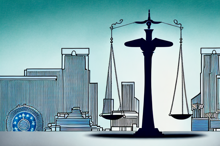 A balanced scale of justice placed prominently on a detailed las vegas skyline background