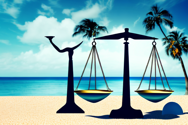 A balanced scale of justice on a sandy beach with palm trees in the background