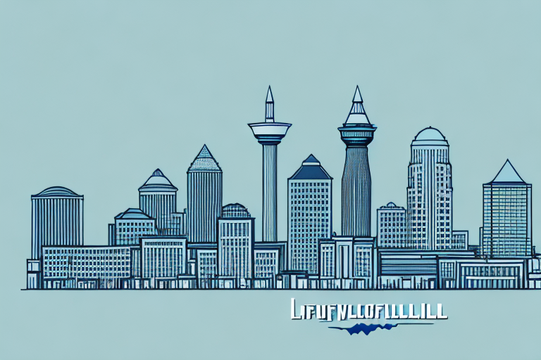 The louisville skyline with a balanced scale symbolizing justice in the foreground