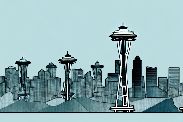 The seattle skyline with a balance scale symbolizing justice in the foreground