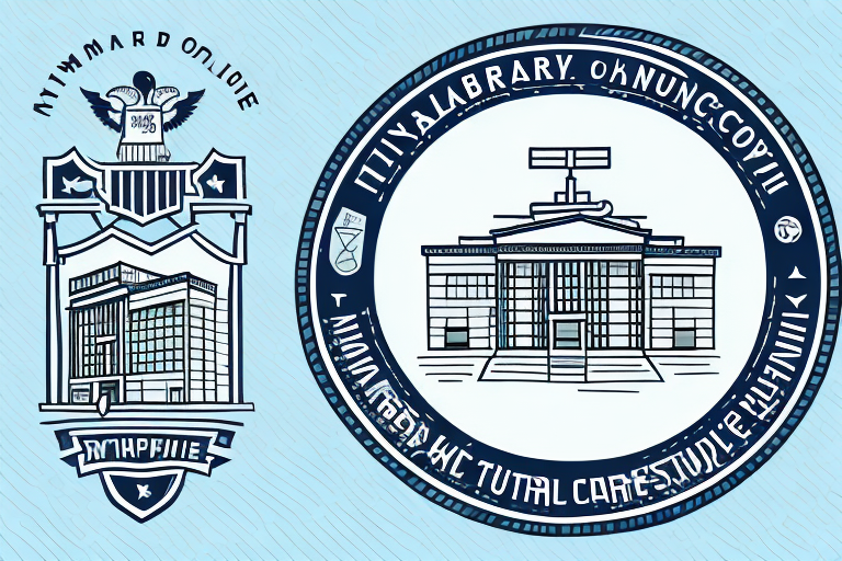 A library building with a notary public seal and a location pin symbol above it