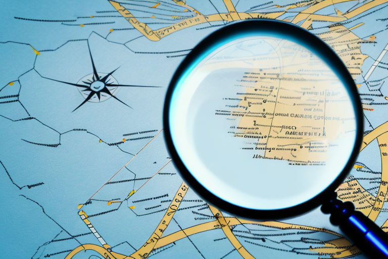 A magnifying glass hovering over a map pinpointing various locations