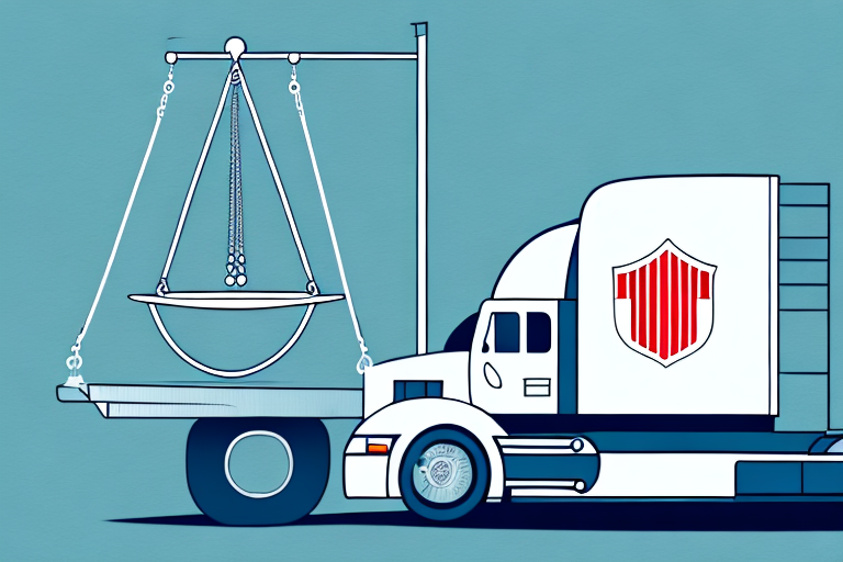 A semi-truck with visible damages parked on the side of a road with legal scales of justice symbolically placed in the foreground