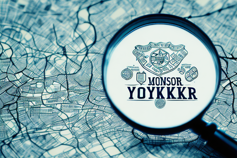 A magnifying glass hovering over a stylized map of yonkers