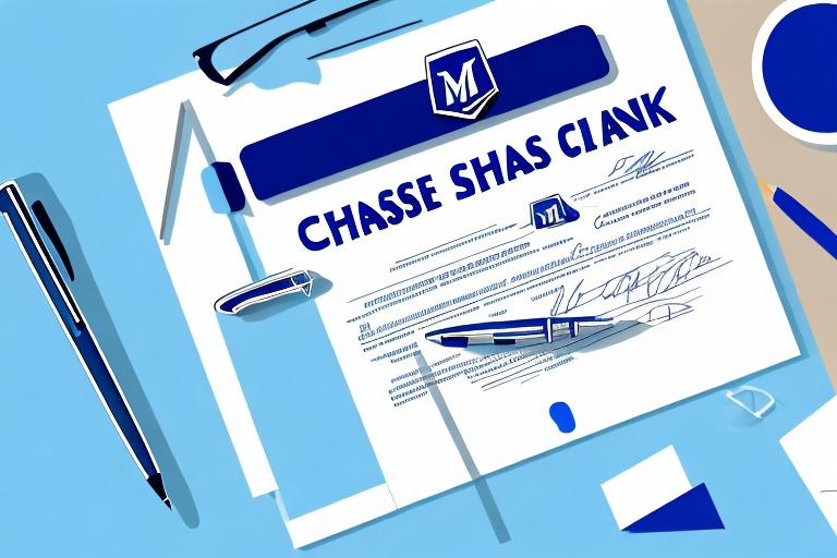 A chase bank building with a notary public seal and a pen resting on a document in the foreground