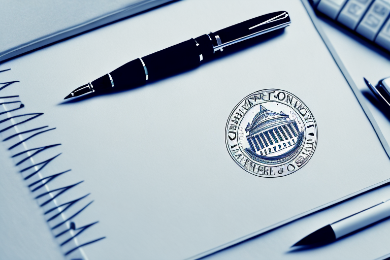 A capital one bank building with a notary public seal and a pen on the foreground