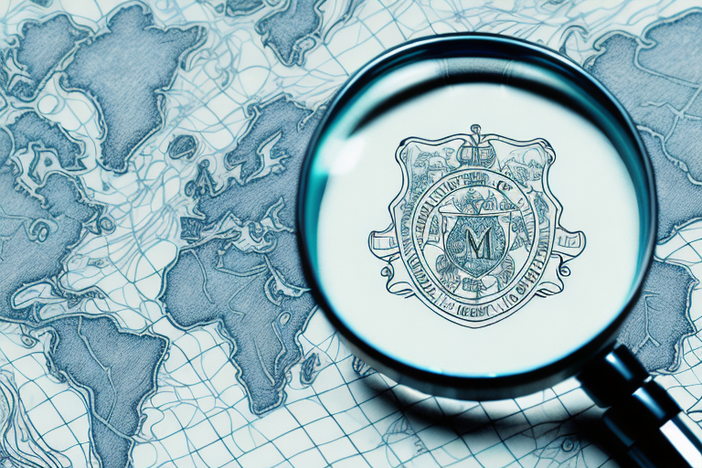 A magnifying glass hovering over a stylized map of laurel