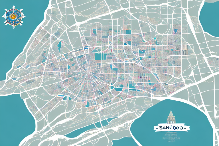 A detailed map of san diego with symbolic notary seals scattered throughout