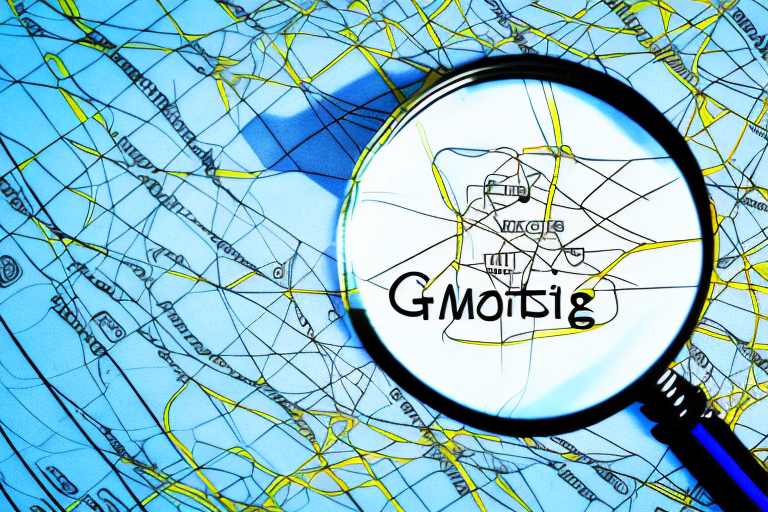 A magnifying glass hovering over a map marked with symbols for a tag and notary