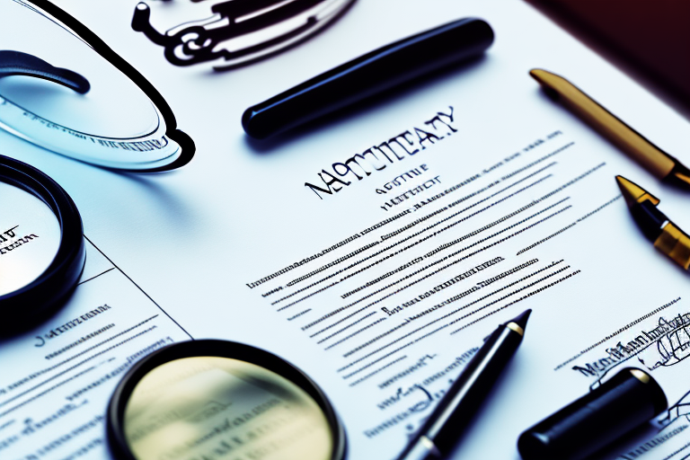 A notary certificate on a table with a magnifying glass focusing on a section