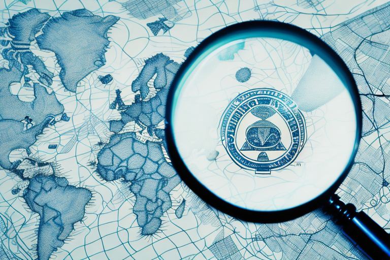 A magnifying glass hovering over a detailed map with a notary seal symbol prominently displayed