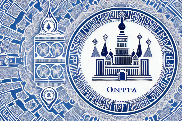 A notary seal with russian architectural elements in the background