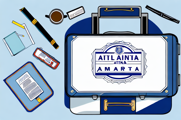 The atlanta airport with a notary public seal and a travel suitcase to signify the notary service available on the go