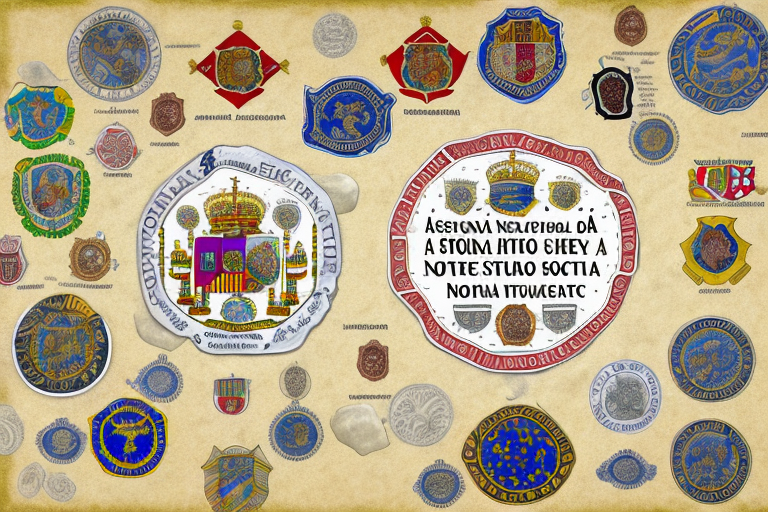 A map with various notary seals scattered around