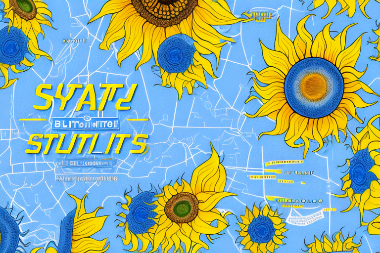 A detailed map pinpointing a notary's office with iconic ukrainian symbols like sunflowers and the blue and yellow flag