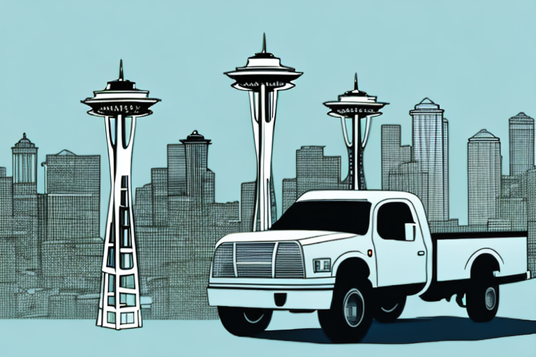 A truck on a seattle cityscape background with a balance scale symbolizing justice in the foreground