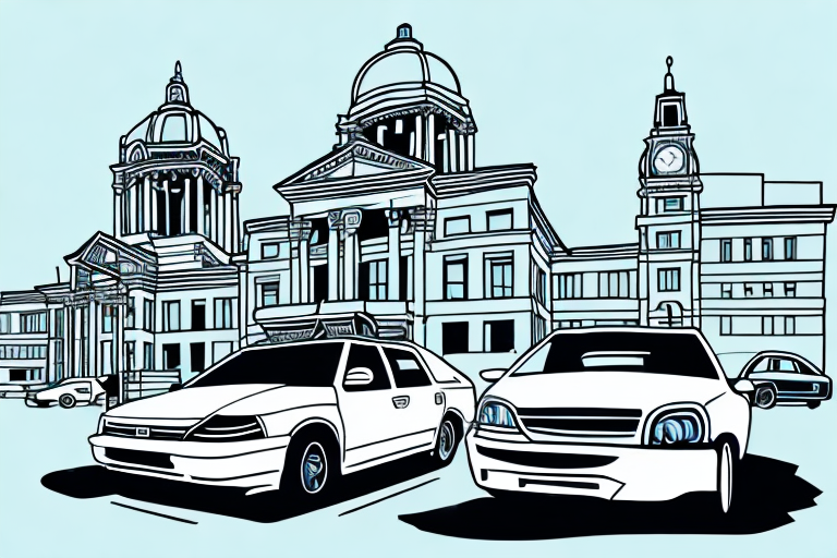 A car accident scene in tacoma with a prominent courthouse in the background