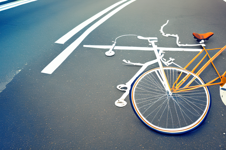 A bicycle lying on a houston street with a broken helmet nearby