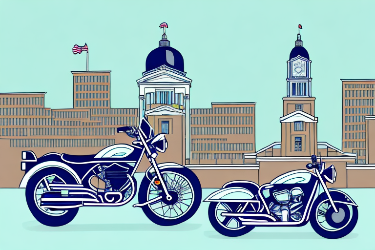 A motorcycle leaning against a courthouse with the birmingham city skyline in the background