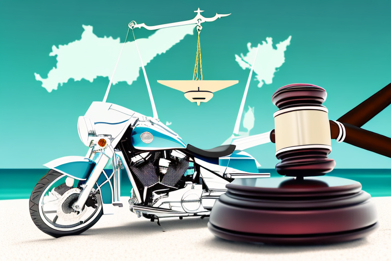 A motorcycle next to a gavel and scales of justice