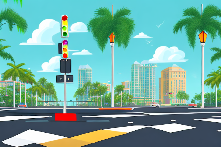 A pedestrian crosswalk in west palm beach with broken traffic lights and a pair of scales symbolizing justice